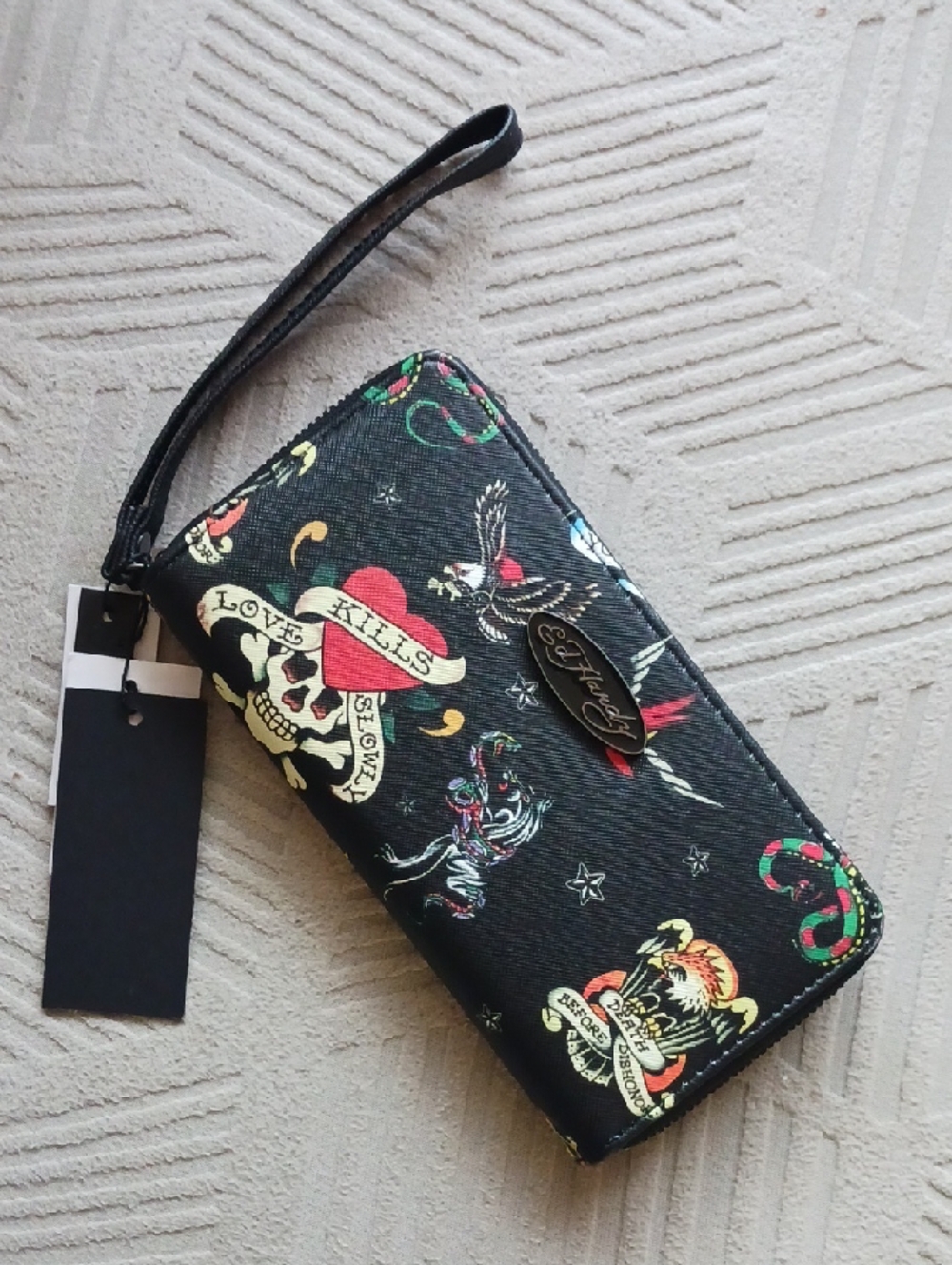 Ed Hardy Black Wallet with Red and Yellow Tattoo Motifs NWT